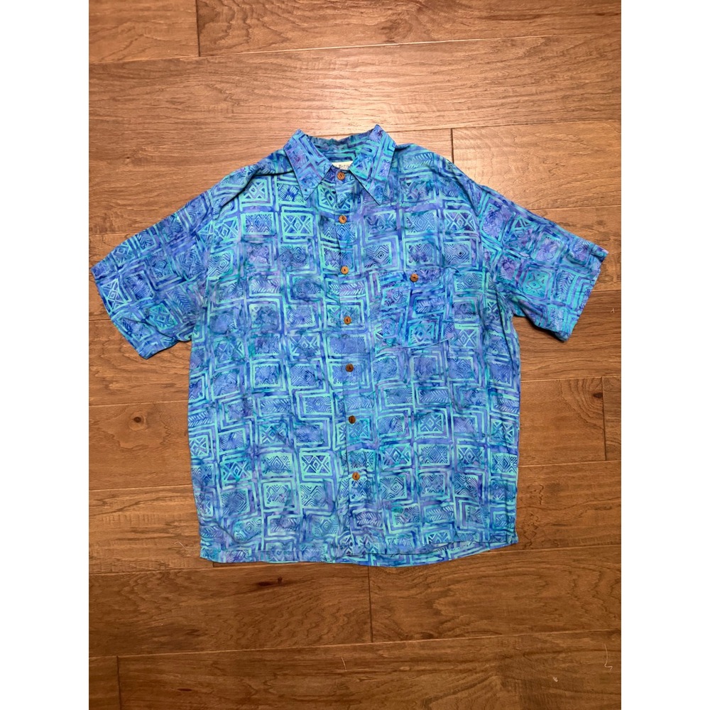Bali Batiks Shirt Mens Large Blue Teal Geometric Hand Painted Resort Aloha Top